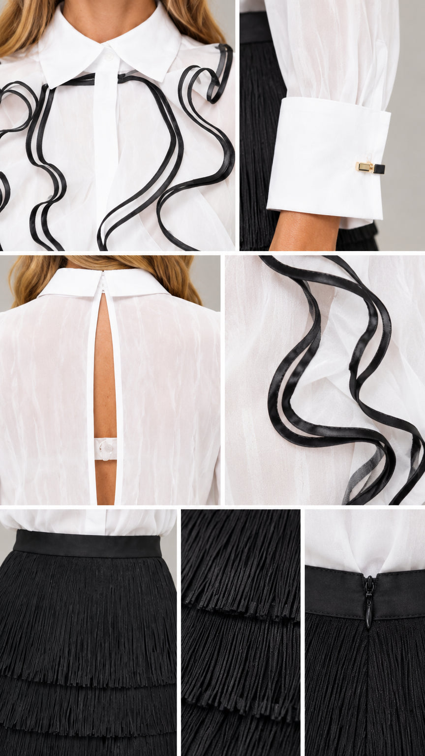 Close-up details of collar wavy trim, structured cuffs with hardware, back keyhole, and fringe fabric