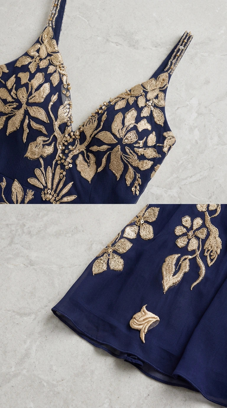 Close-up detail of metallic floral embroidery on bodice and hemline