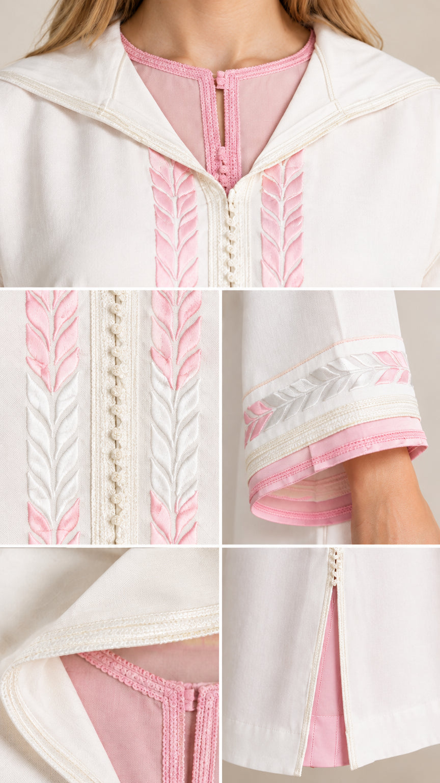 Close-up details of intricate pink embroidery, neckline placket, cuffs, and side slit