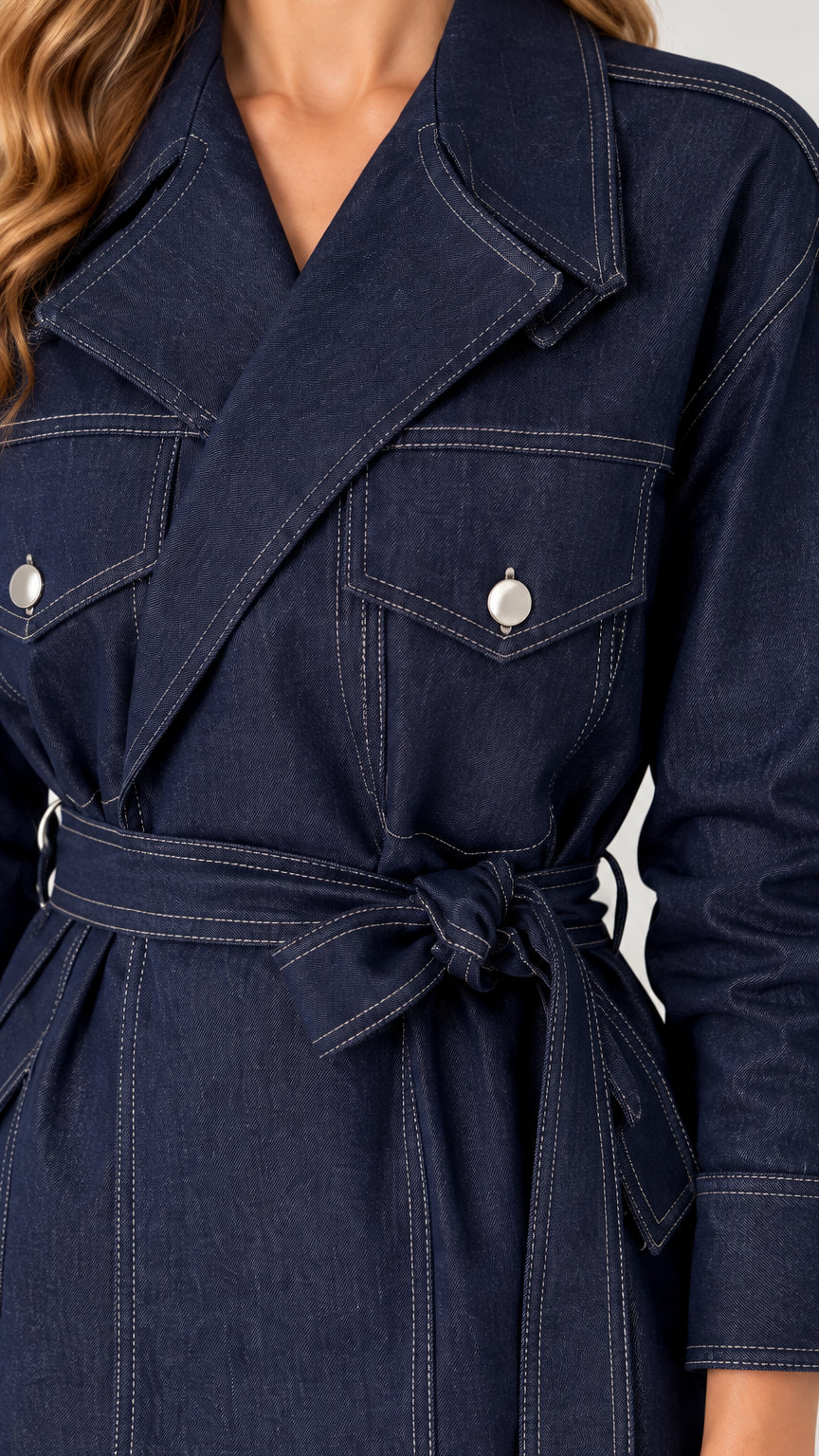 Close-up detail of Dark Indigo utility jacket showing notch lapel, chest pockets, and contrast stitching
