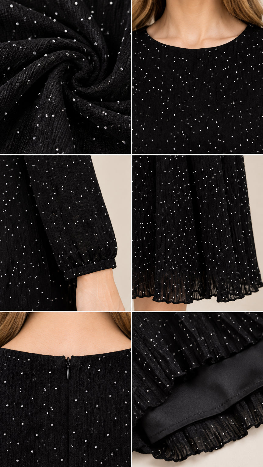 Close-up details of black micro dot fabric texture, neckline, gathered cuff, and pleated hem with lining
