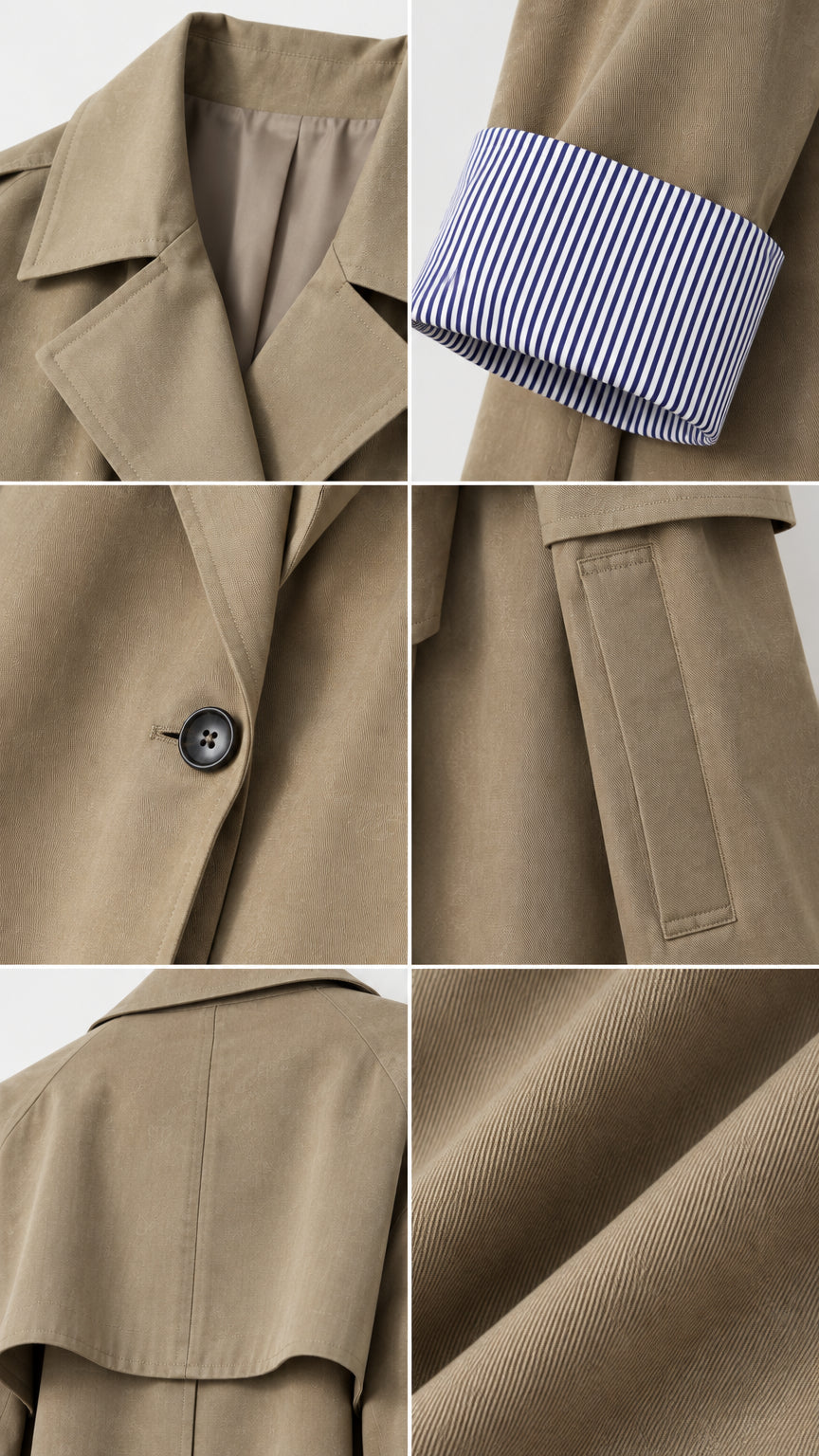Detailed close-ups of lapel collar, striped cuff lining, button closure, and twill fabric texture