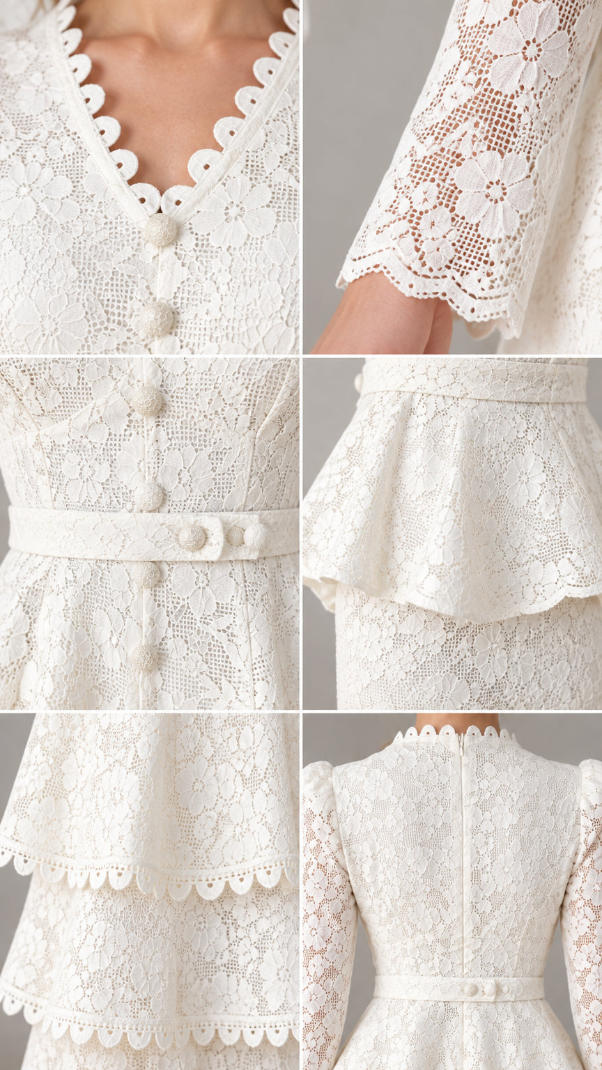 Close-up details of scalloped neckline, buttons, lace sleeves, and tiered hem