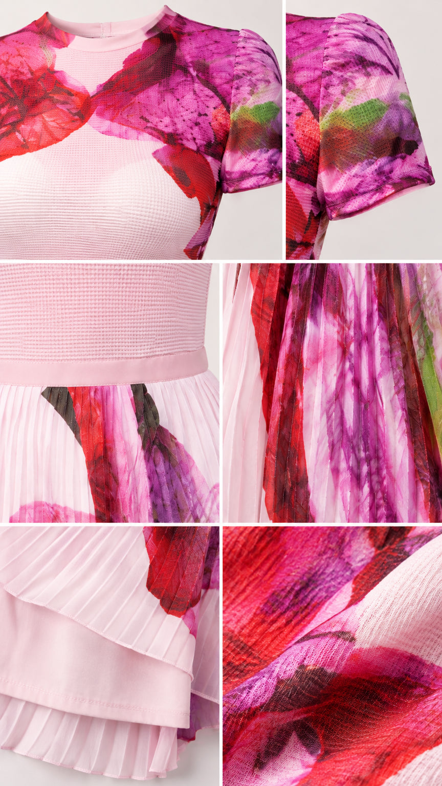 Close-up details of neckline, fine pleats, and floral print fabric
