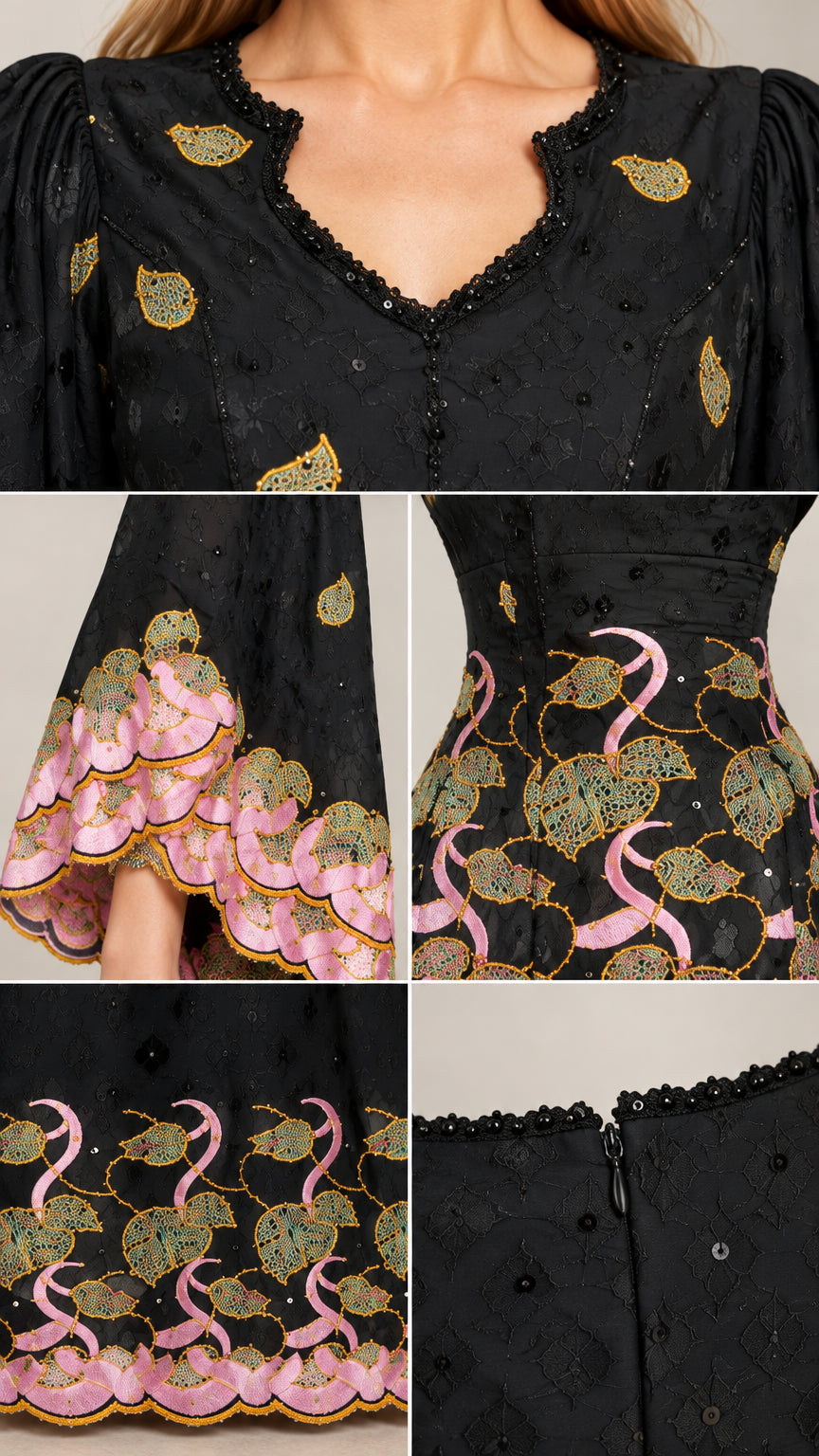 Close-up details of scalloped V-neckline, flared embroidered cuffs, and hem craftsmanship
