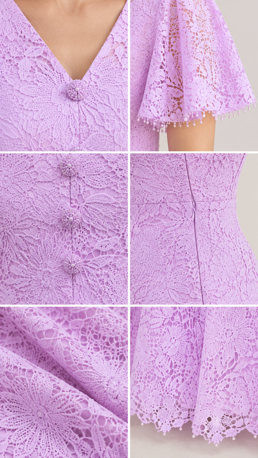 Close-up details of lace fabric, V-neckline, covered buttons, and flutter sleeve hem