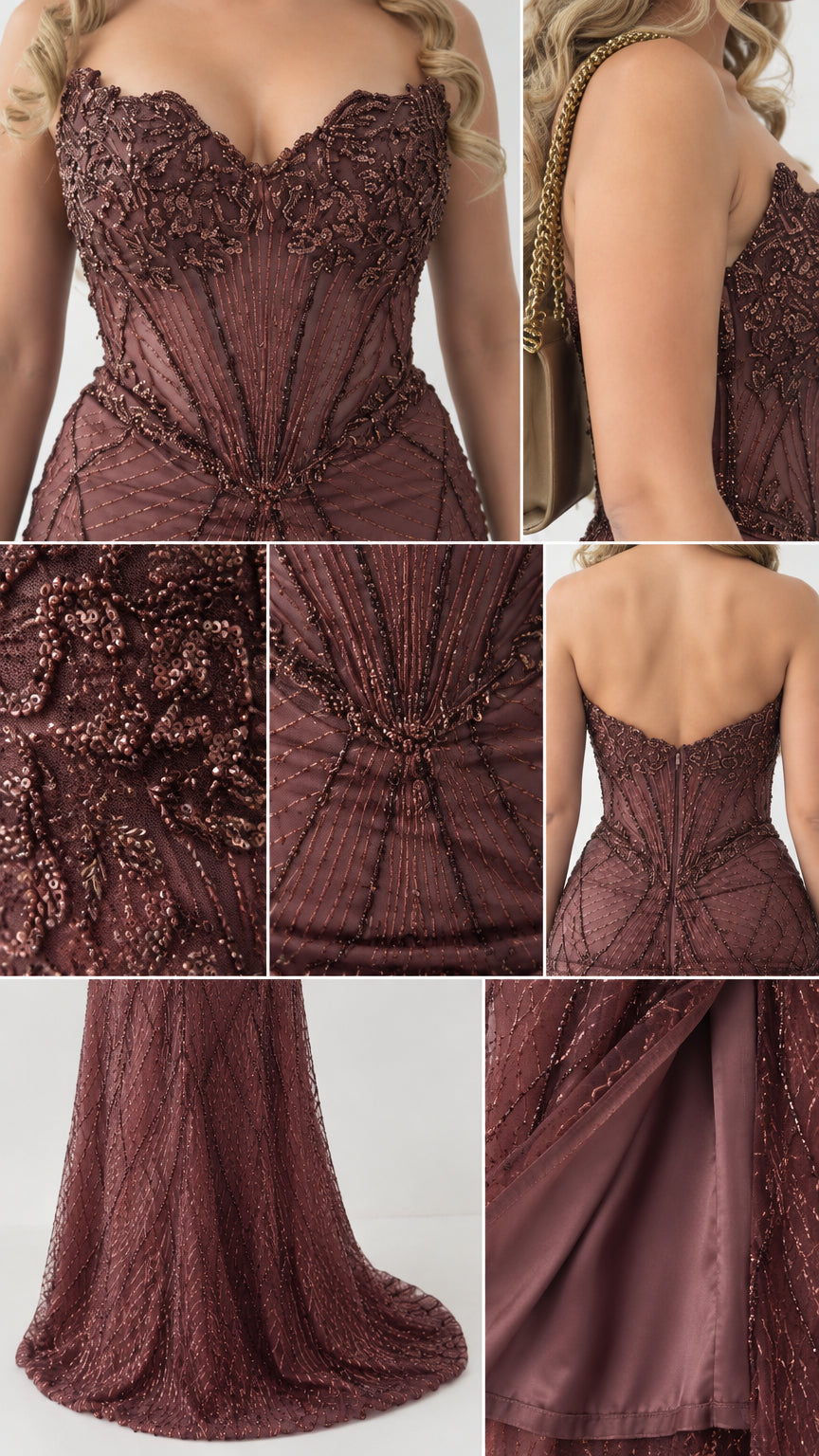 Close-up details of intricate beading, corset structure, and inner lining on formal gown
