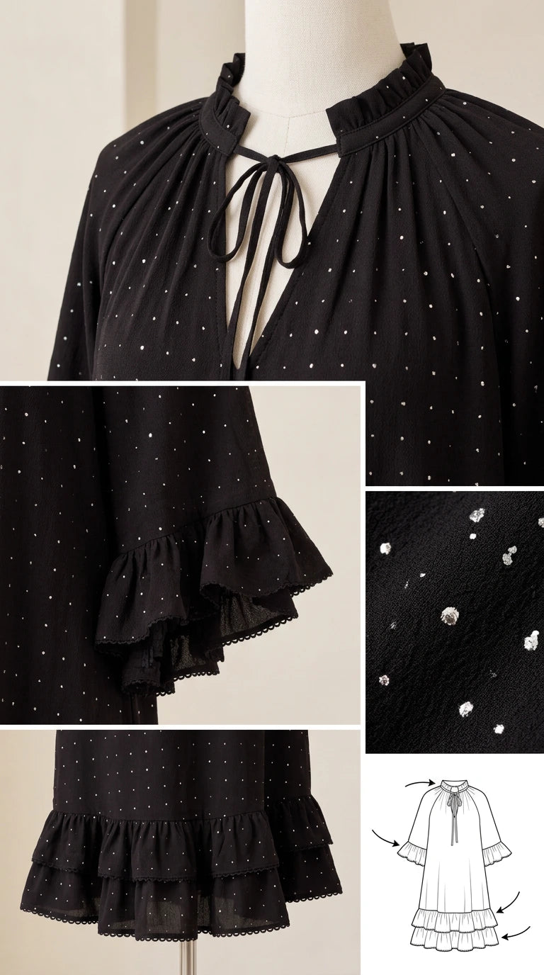Close-up details of neckline, tiered ruffle cuff, sparkle accents, and design sketch
