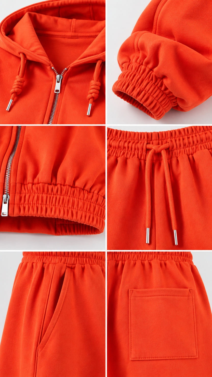 Close-up details of zipper, elastic cuff, drawstring waistband, and pockets on orange sweat suit