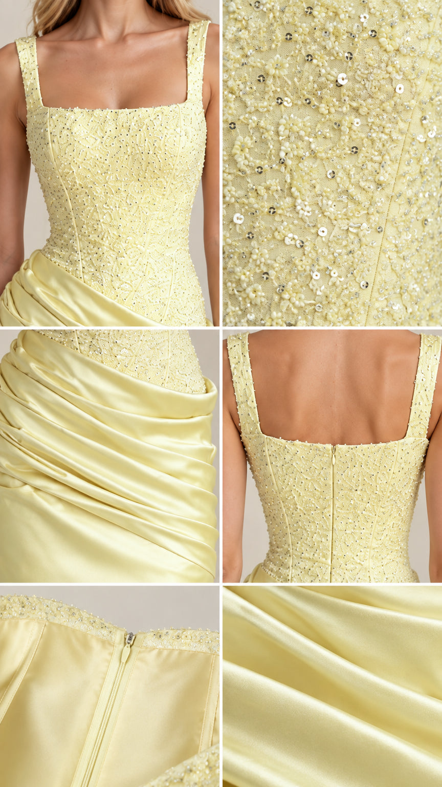 Close-up details of sequined bodice, square neckline, and draped satin fabric