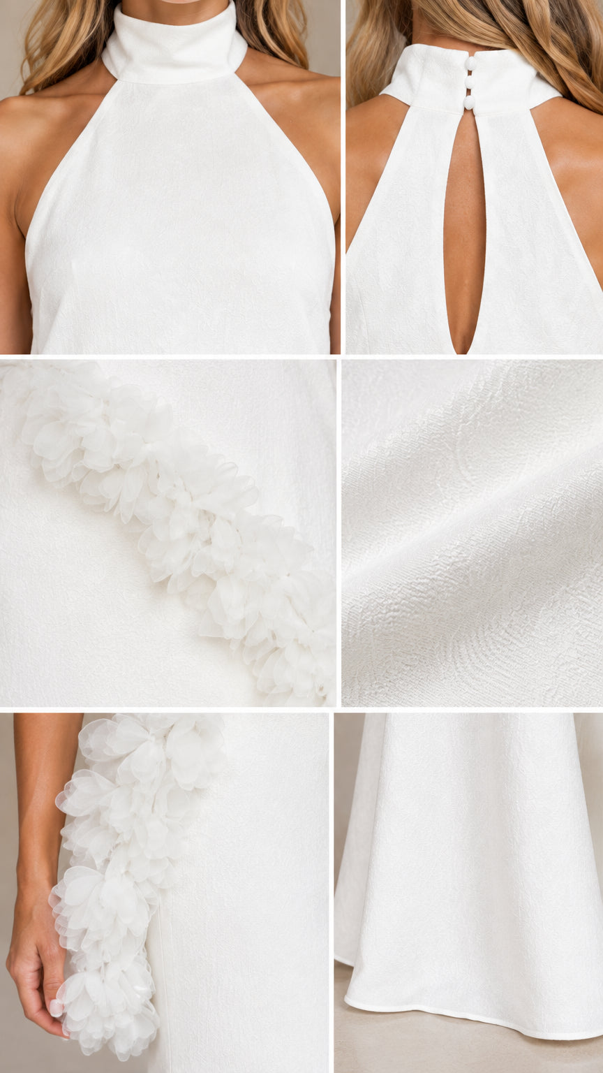 Close-up details of neckline, keyhole back, textured trim, and hemline of white dress