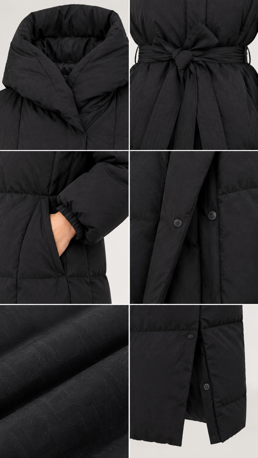 Close-up details of black puffer coat showing hood, tie belt, pocket, and side snap vent
