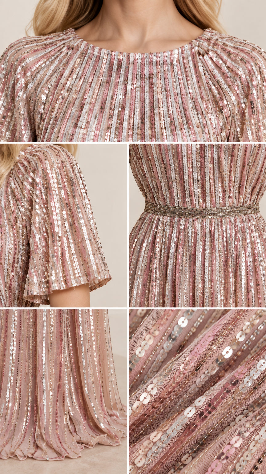 Close-up details of neckline, flutter sleeve, waist, and pleated sequin fabric