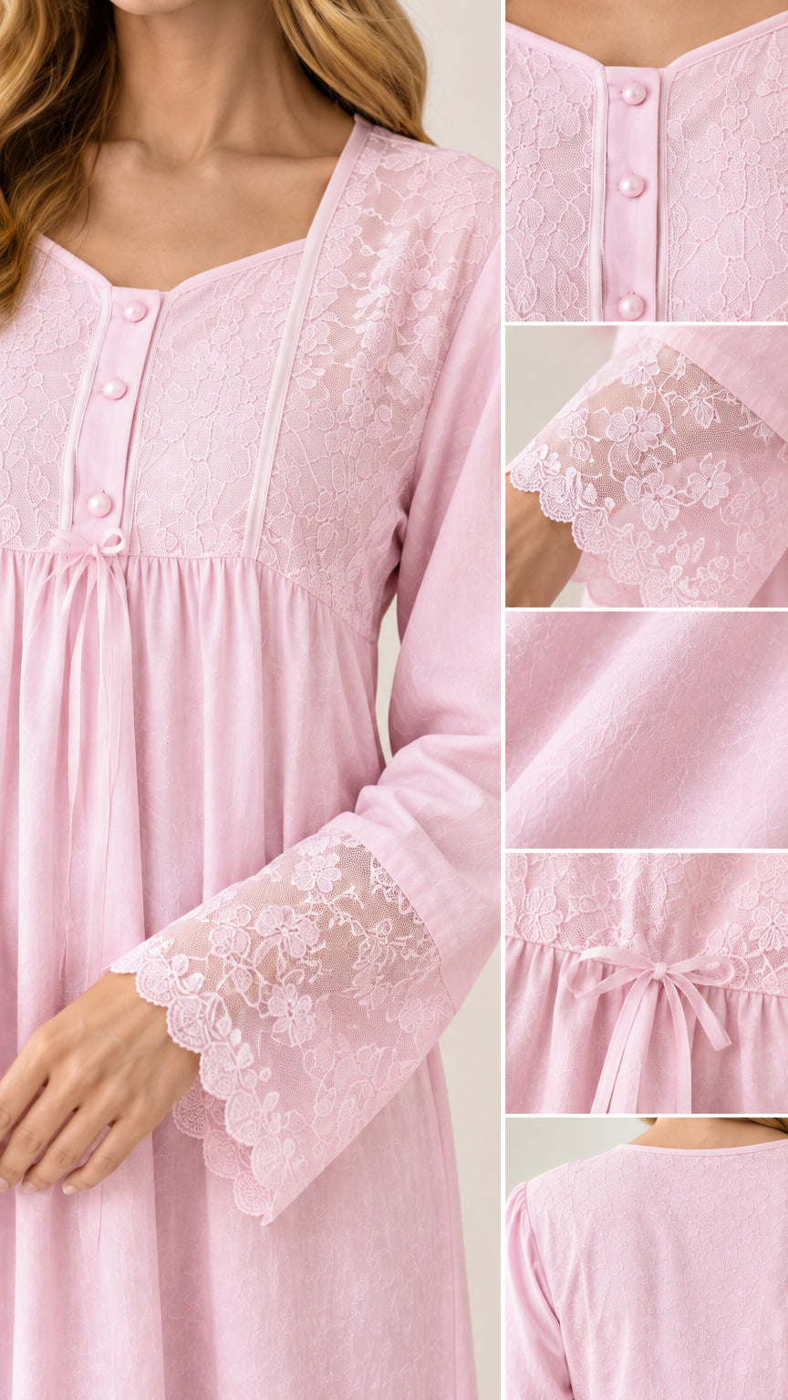Close-up details of lace bodice, button placket, and scalloped lace sleeve cuffs