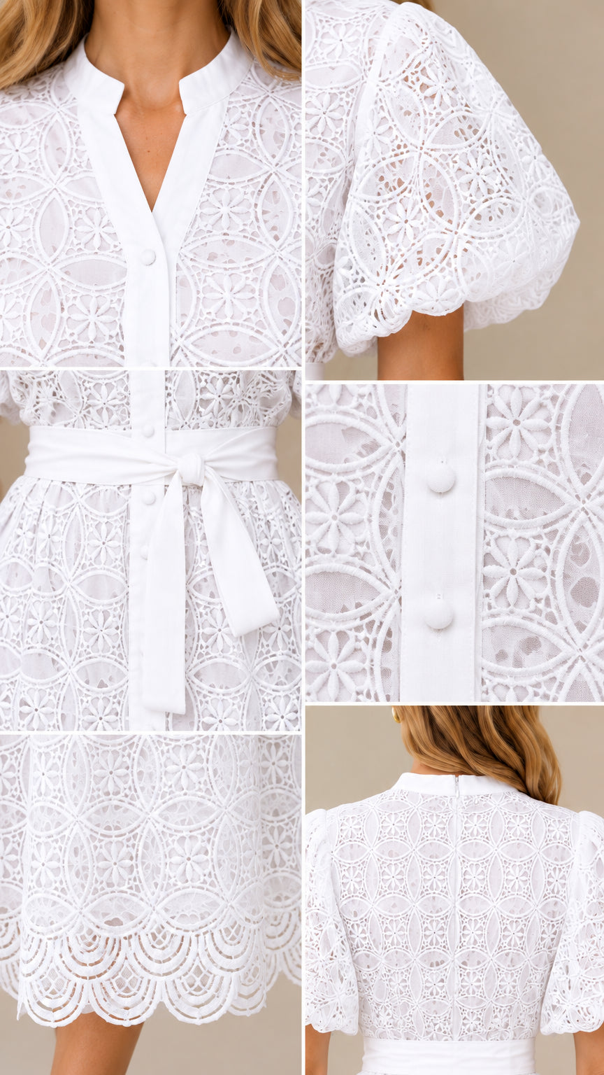 Detailed close-ups of collar, puff sleeve, buttons, and scalloped hem on white lace dress