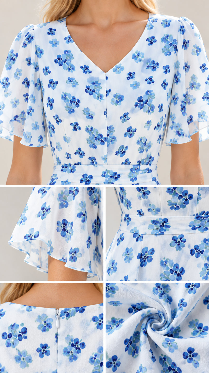 Close-up details of V-neckline, flutter sleeve cuff, waist seam, back zipper, and textured fabric