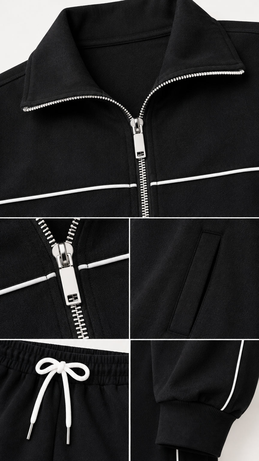 Close-up details of collar, metal zipper, contrast piping, drawstring waistband, and pockets