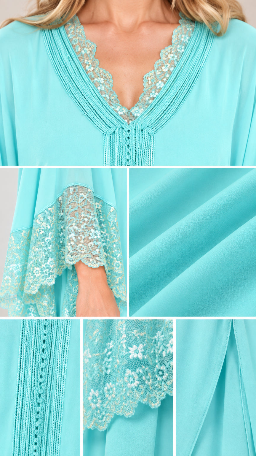 Close-up details of floral lace neckline, flared cuffs, and smooth fabric
