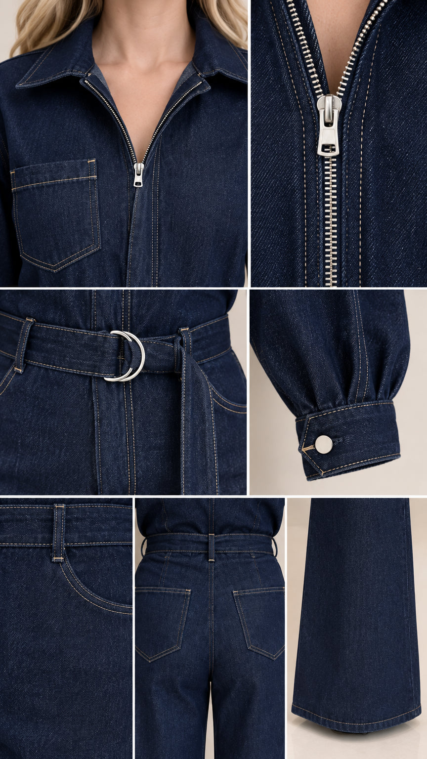 Close-up detail collage of collar zip, D-ring belt, button cuff, and pockets