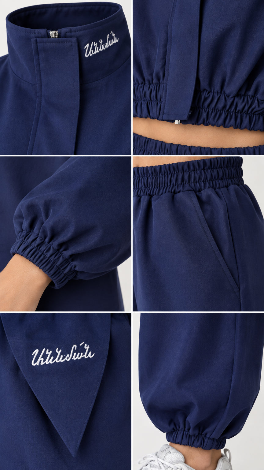 Close-up details of Navy Blue jacket collar embroidery, pocket flap, and elastic cuffs