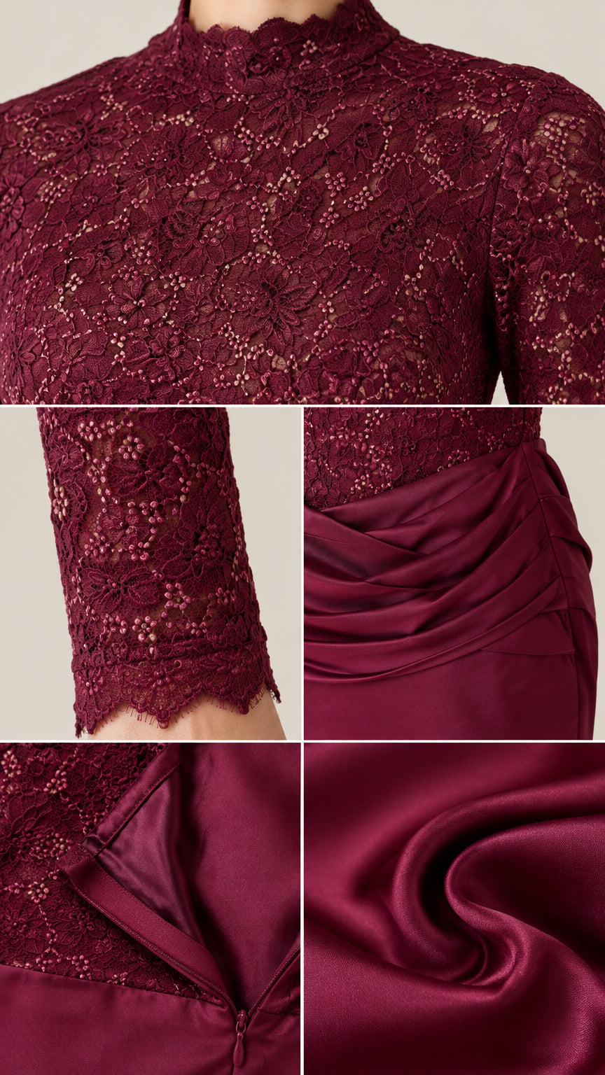 Close up details of burgundy lace neckline, scalloped sleeves, draped waist, and zipper