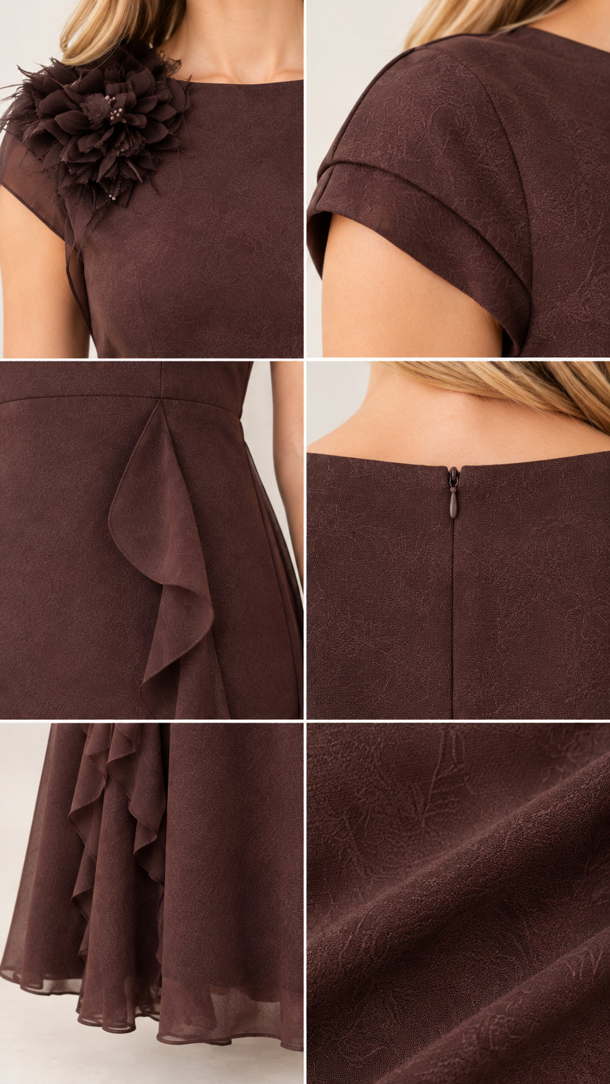 Close-up details of shoulder flower, folded cap sleeve, waist ruffles, zipper, and fabric