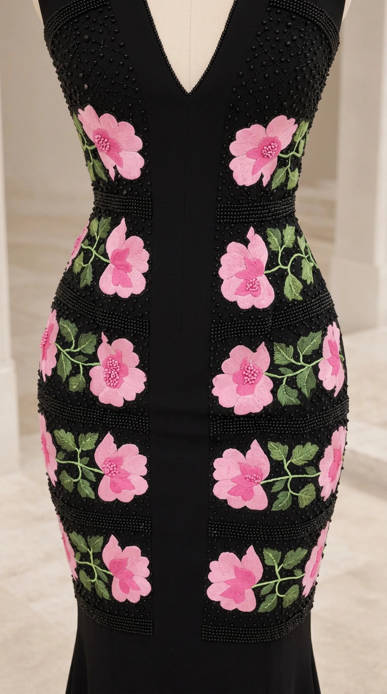 Close-up detail of textured pink floral embroidery and beadwork on the black evening gown