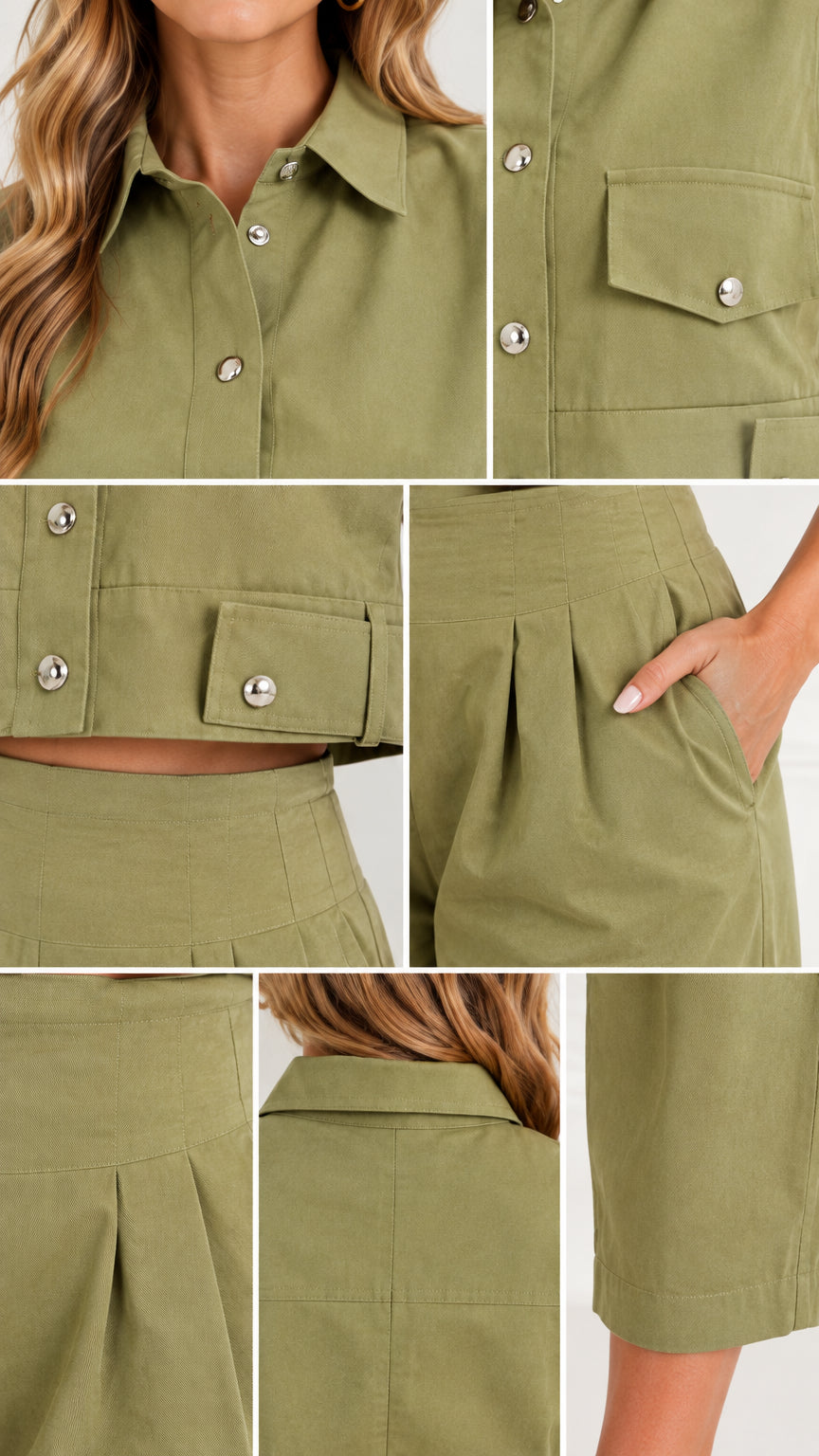 Close-up details of collar, snap buttons, flap pockets, and front pant pleats