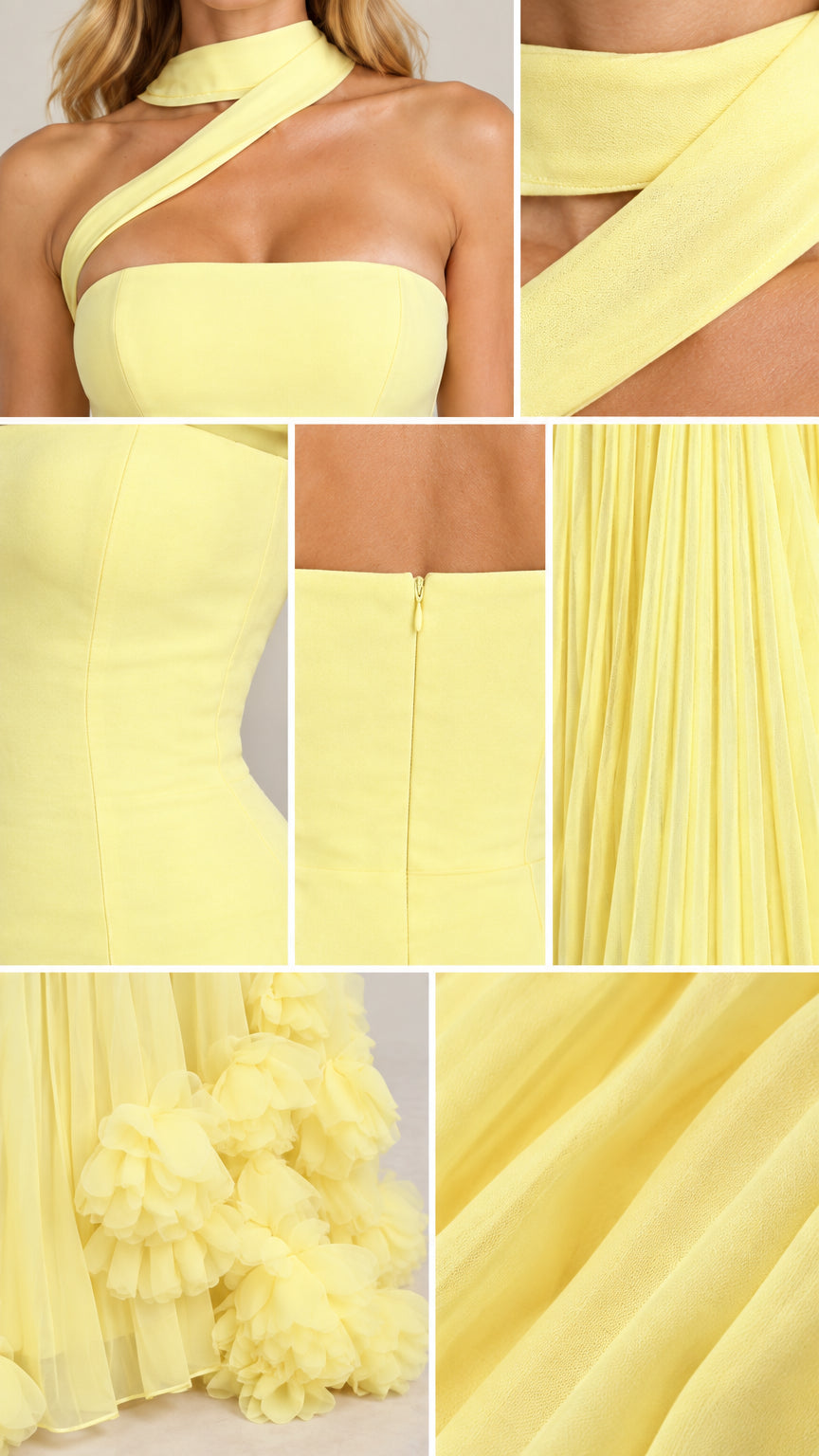 Close-up details of asymmetric neckline, bodice zipper, and 3D floral hem
