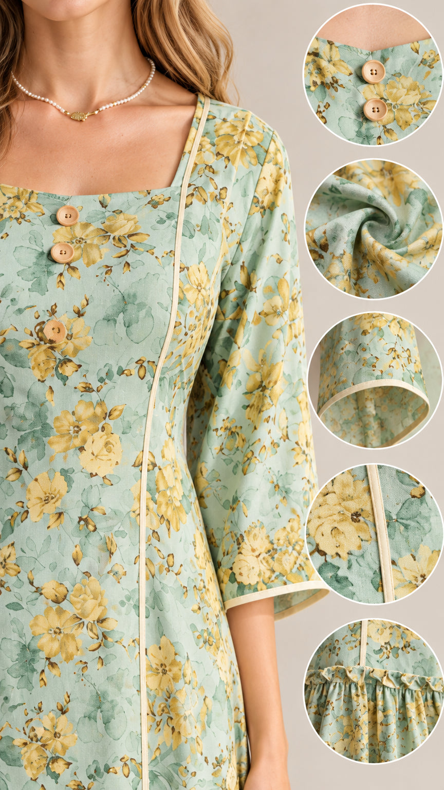 Close-up details of neckline buttons, piping trim, and floral print fabric