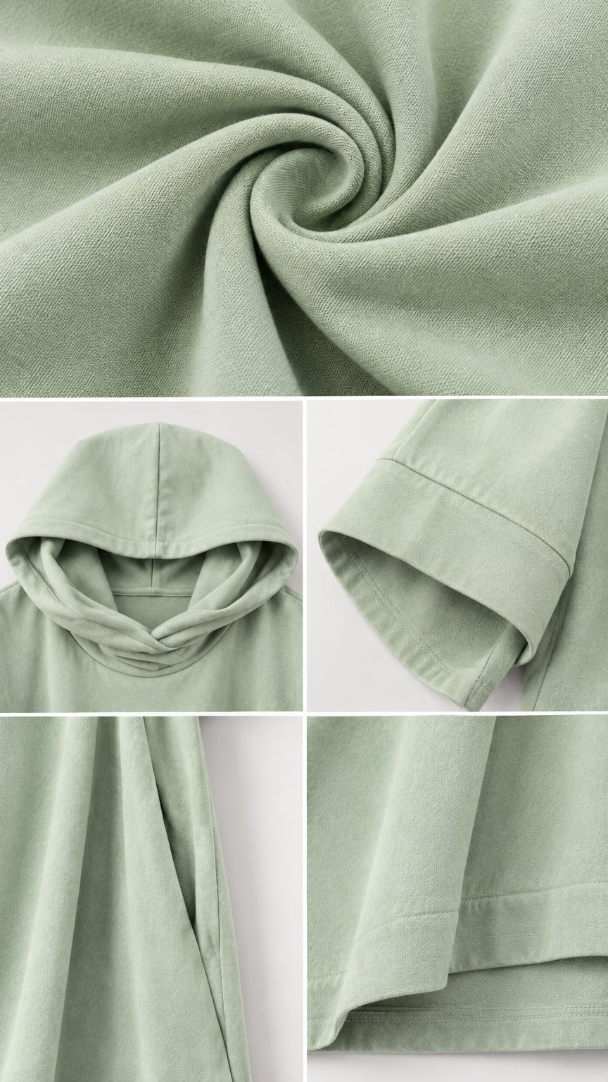 Close-up detail collage of sage green fabric texture, hood, pocket, and tiered hem