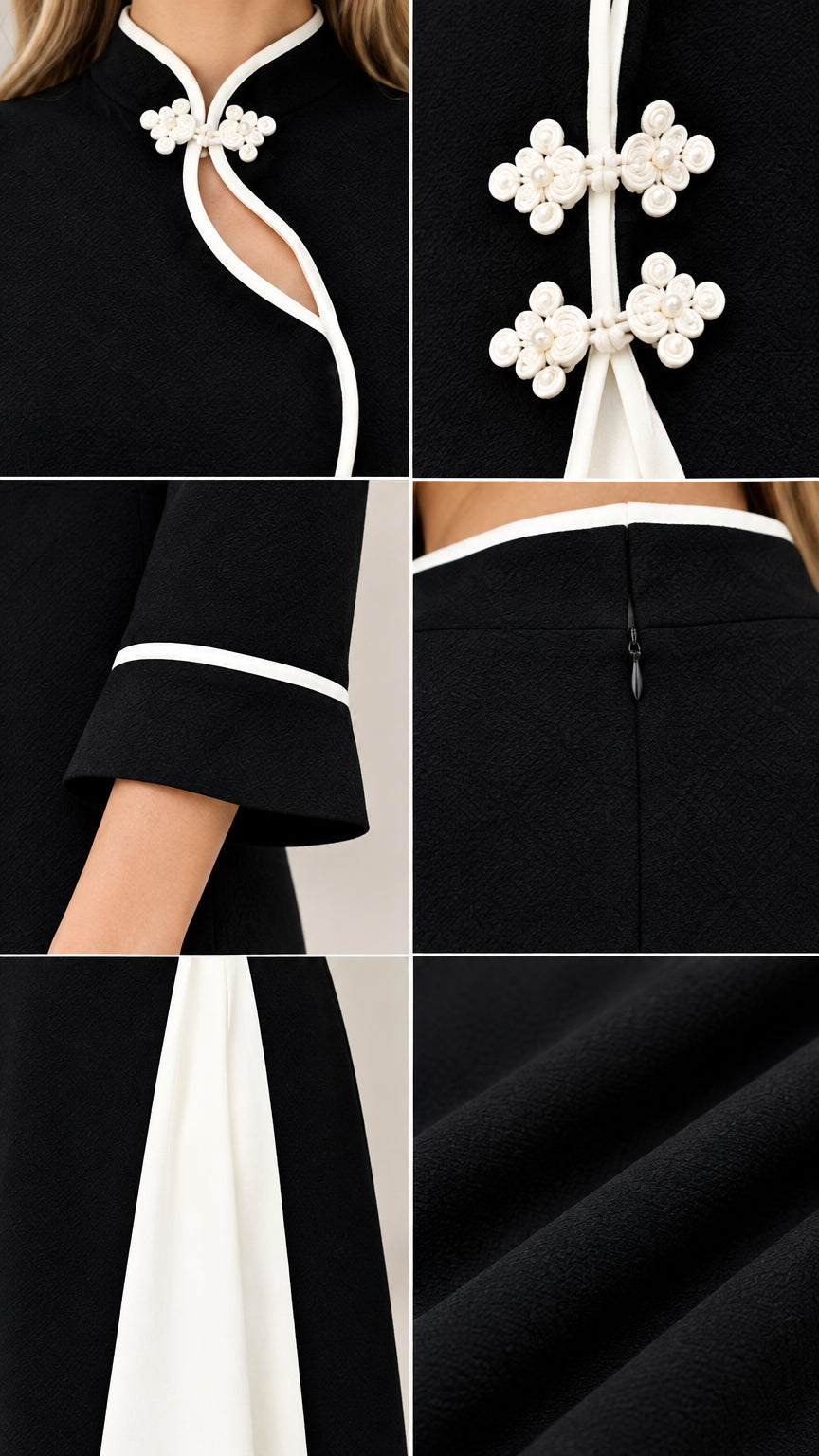 Close-up details of mandarin neckline, keyhole cutout, floral frog closures, cuff trim, and hidden zipper