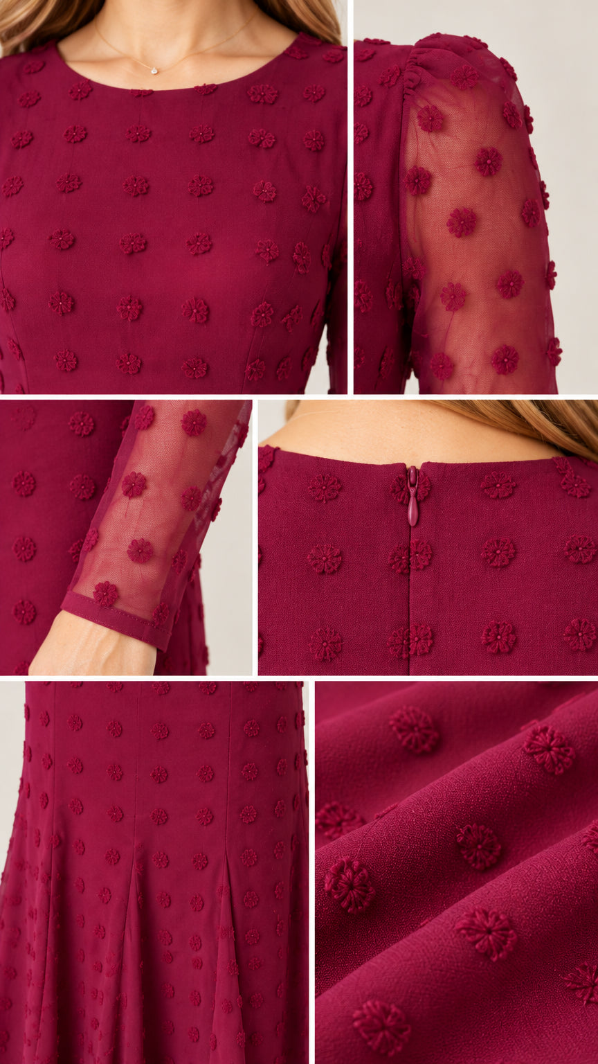 Close-up details of textured swiss dot chiffon fabric, sheer sleeve cuff, and back zip closure