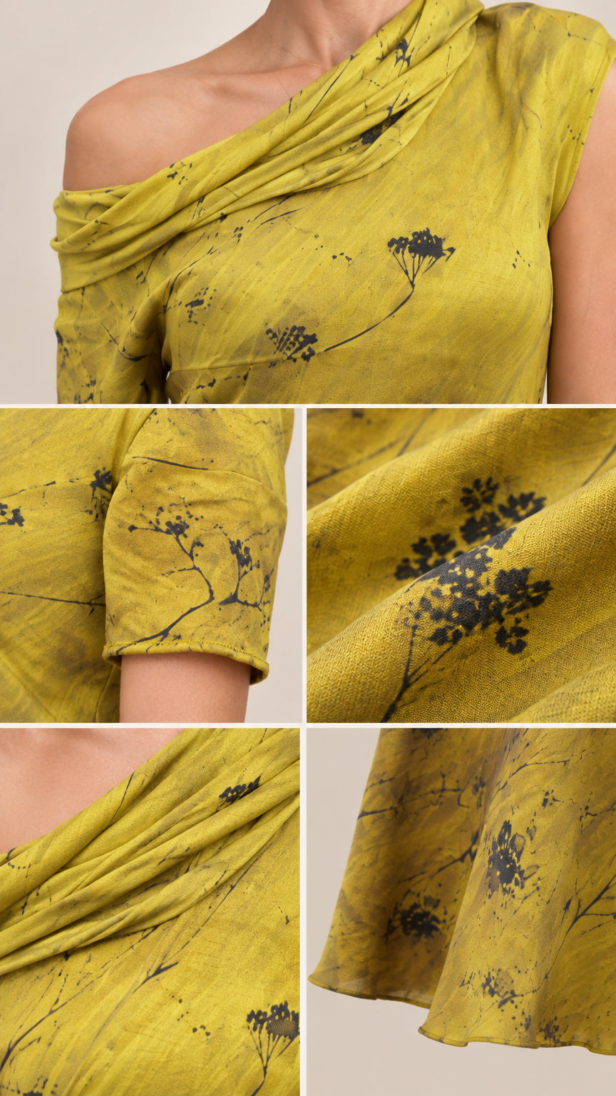 Close-up details of draped neckline, fabric texture, and floral print on maxi dress