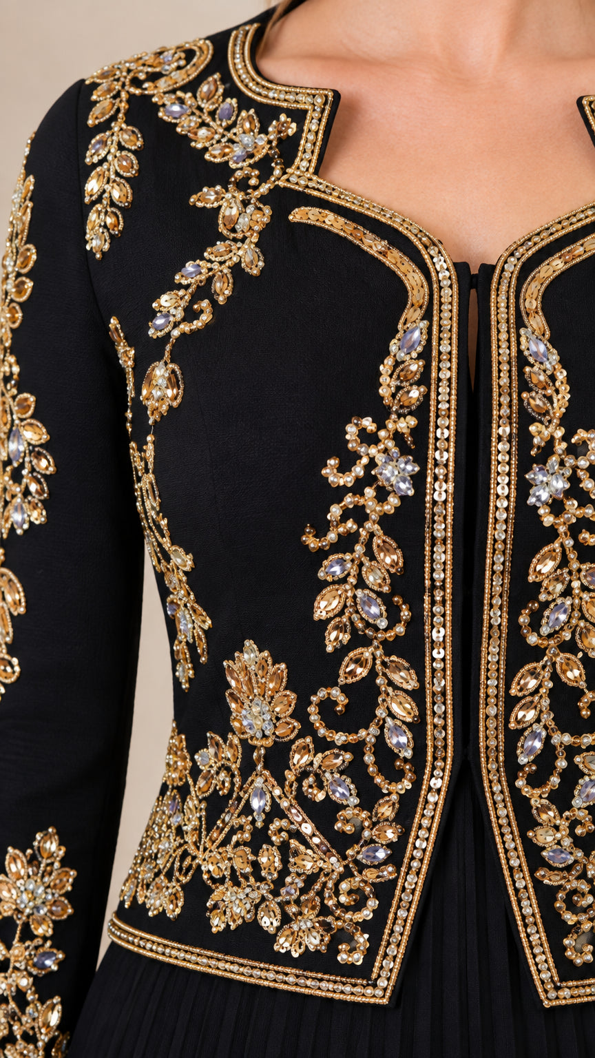 Close-up of intricate gold metallic embroidery and beaded details on black jacket bodice