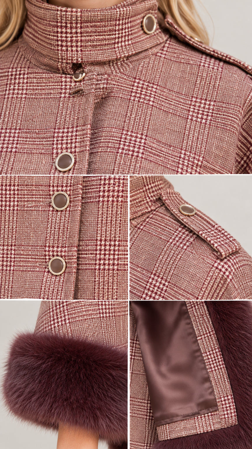 Close-up details of plaid cape collar, button placket, shoulder tab, and faux fur trim lining
