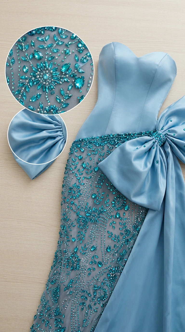 Close-up detail of intricate crystal beadwork and satin bow craftsmanship on sky blue gown