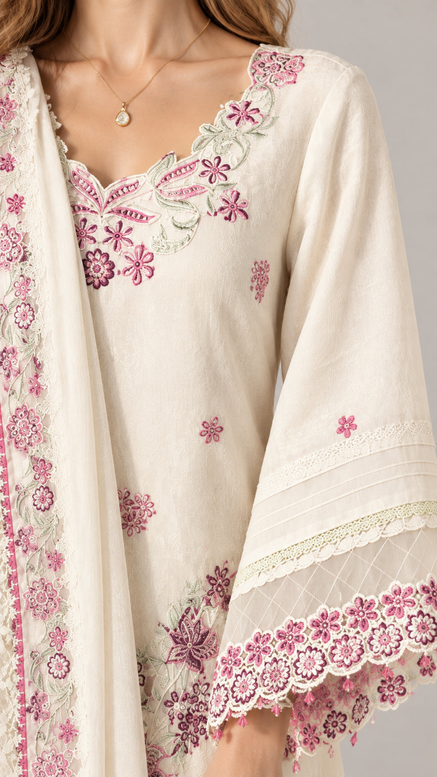 Close-up detail of scalloped V-neckline and intricate floral embroidery on Cream tunic