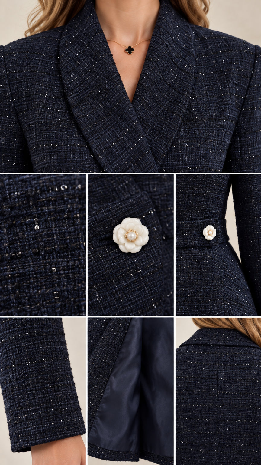 Close-up detail of Navy Blue tweed fabric, shawl collar, lining, and floral pearl buttons