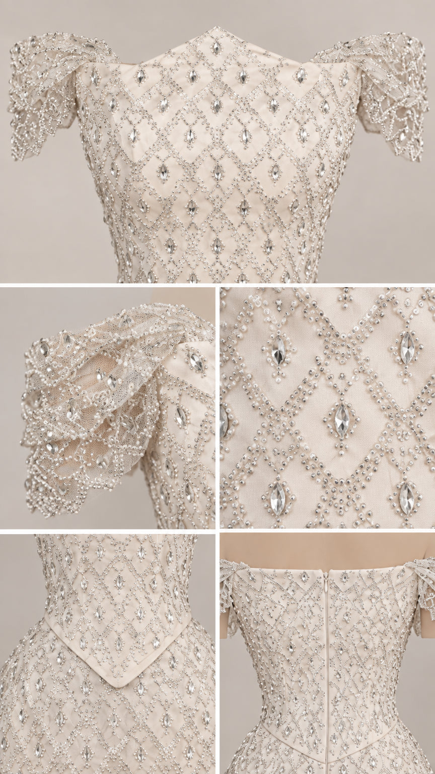 Close-up details of diamond lattice beadwork, basque waist, and cap sleeves