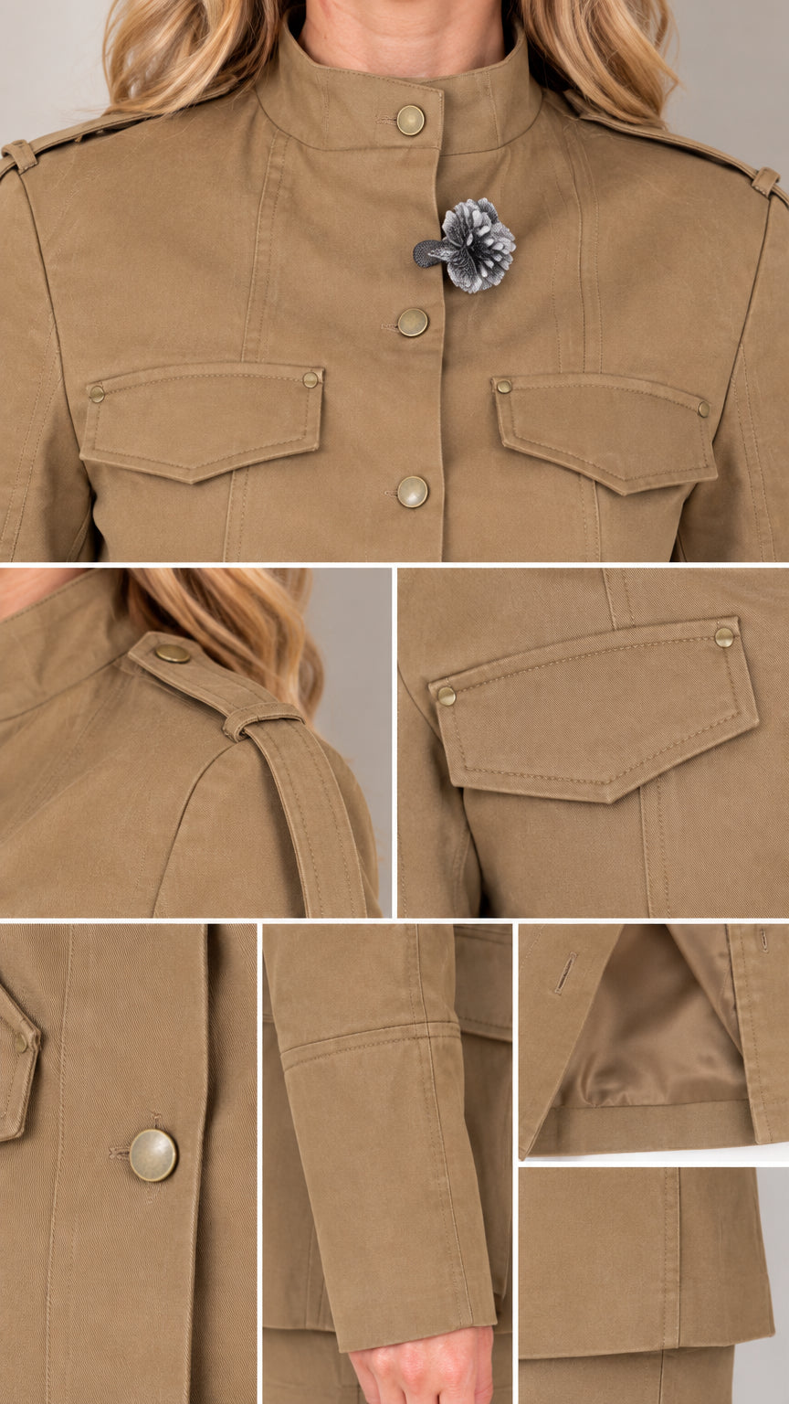 Close-up details of stand collar, pocket flap, buttons, and epaulet on utility jacket