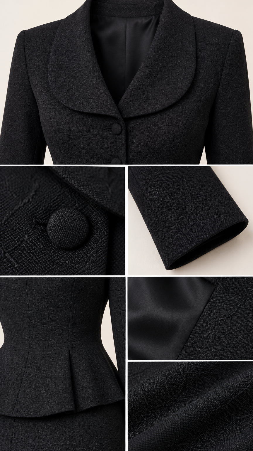 Detailed close-up of shawl collar, covered buttons, and textured woven fabric