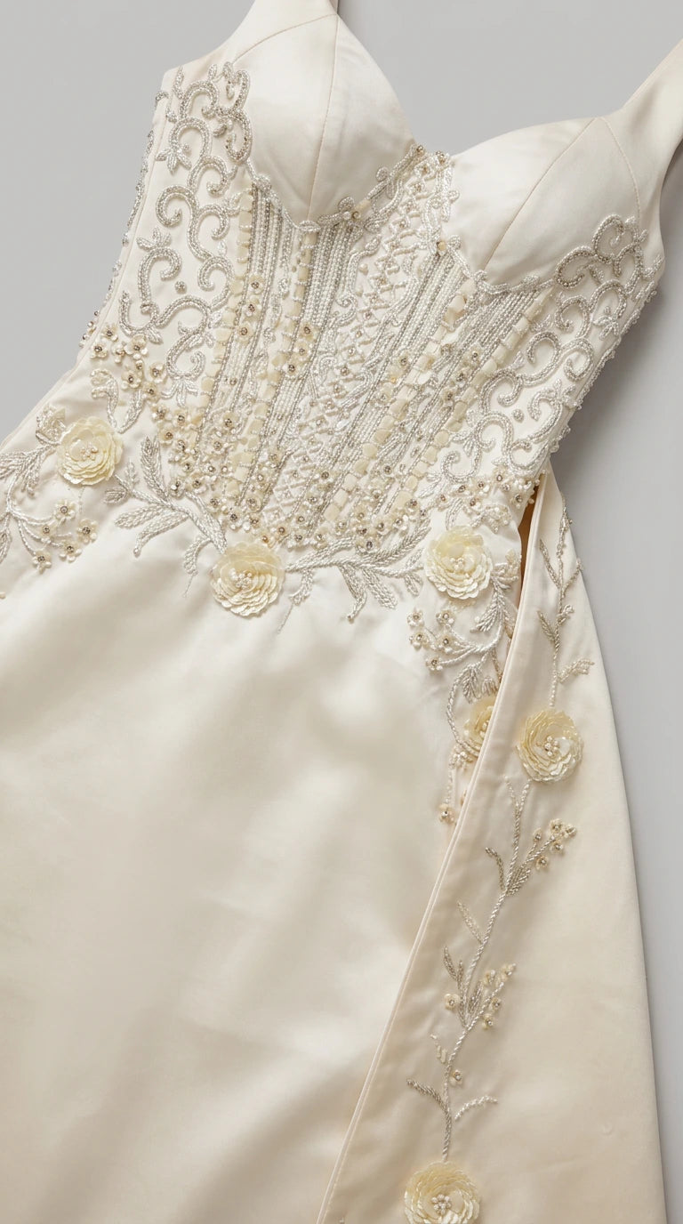 Close-up of intricate beaded corset bodice and floral appliques on ivory dress
