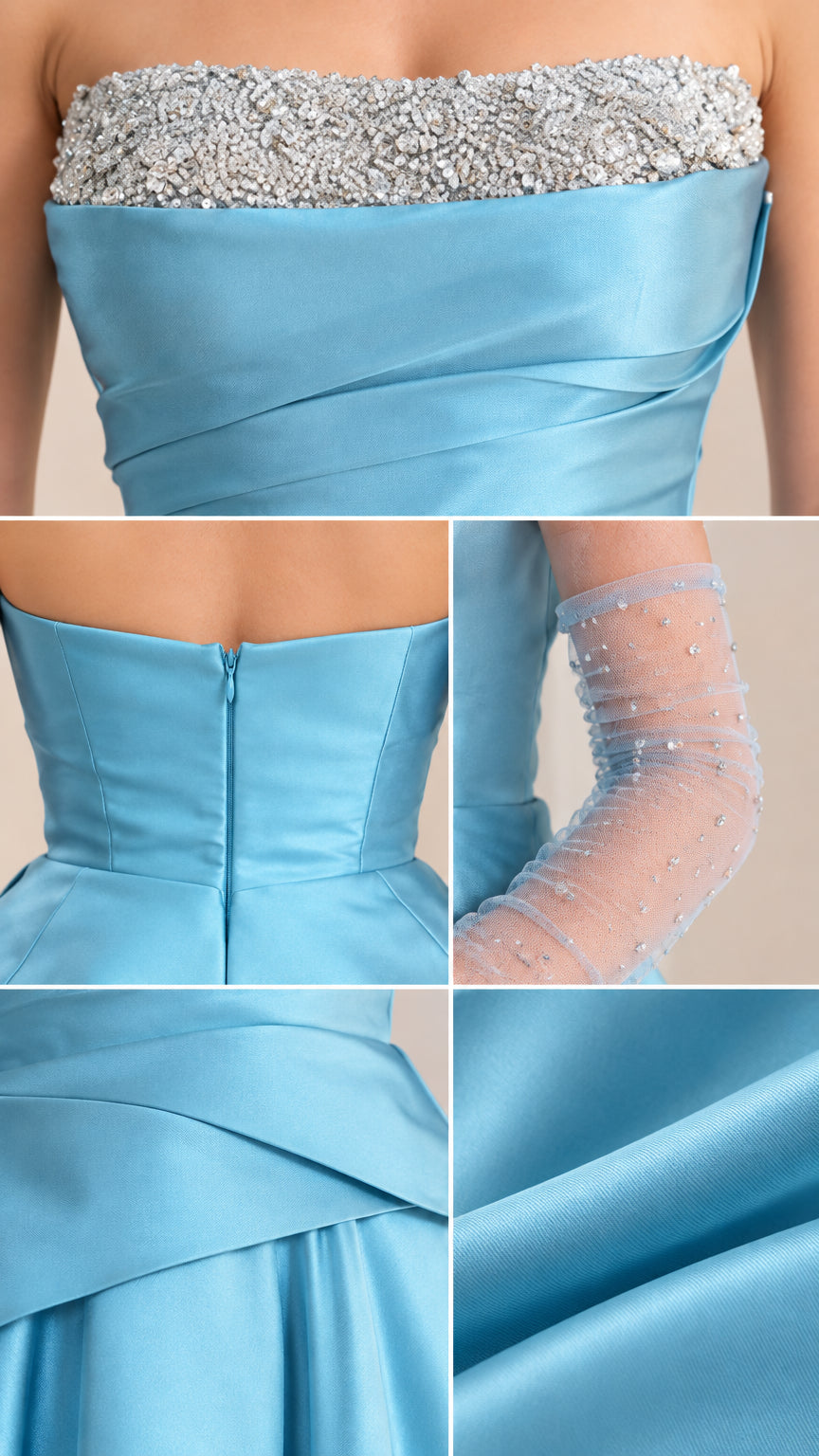 Close-up details of beaded neckline, zipper back, pleated waist, and satin fabric