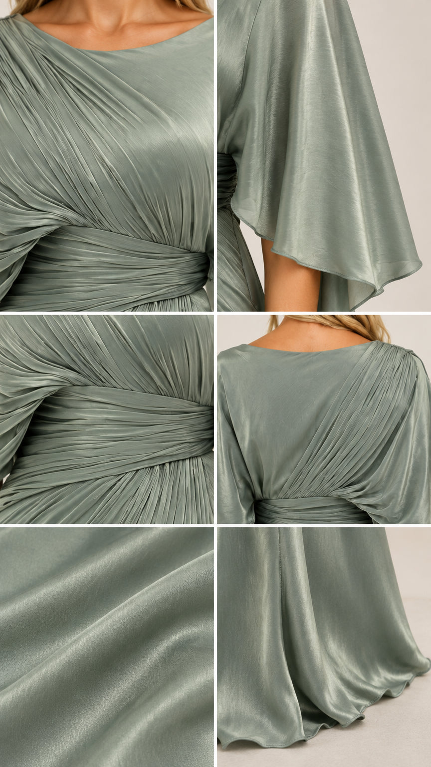 Close-up details of pleated bodice and cape sleeve texture