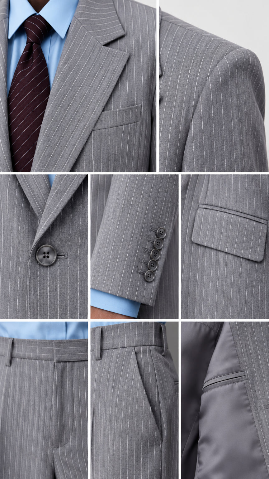 Close-up details of pinstripe fabric, buttons, pocket flap, and lining