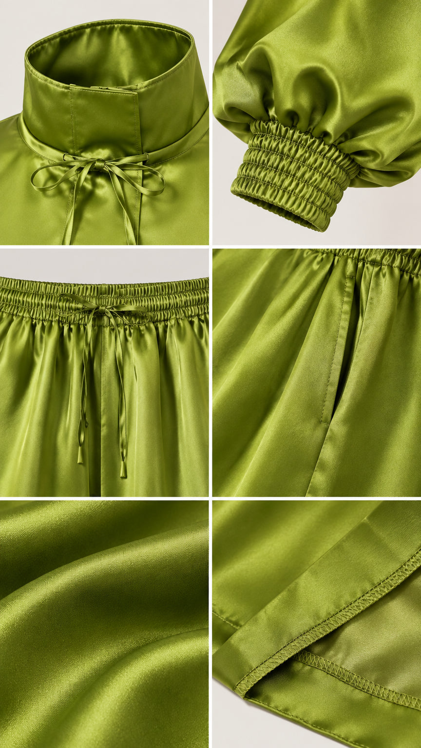 Detailed close-up collage of olive green satin jumpsuit showing neckline, smocked cuff, waistband, pocket, and fabric texture