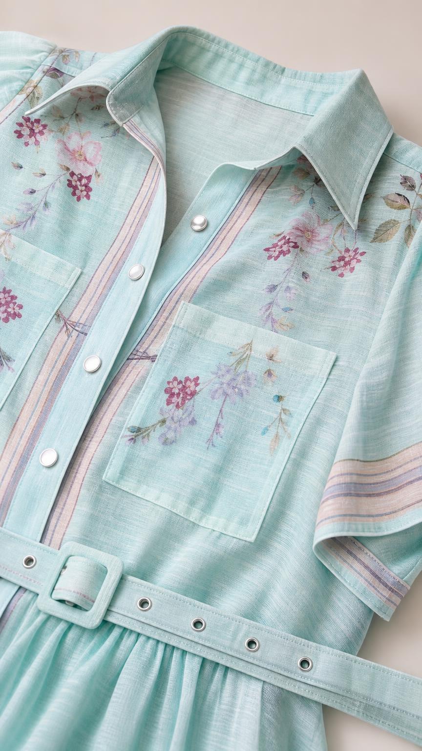 Close-up of collar, pockets, and floral print details