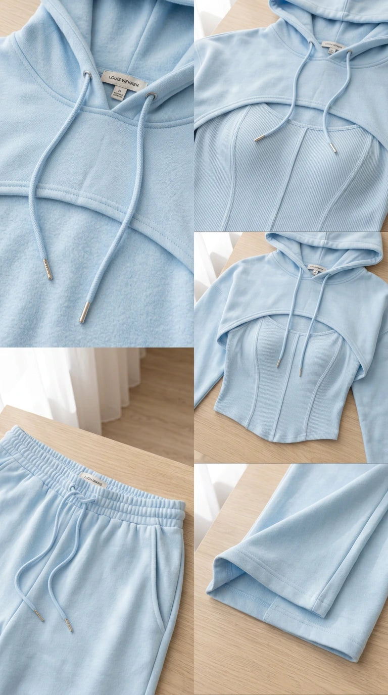 Close-up details of Light Blue corset seams, drawstring hood, and waistband