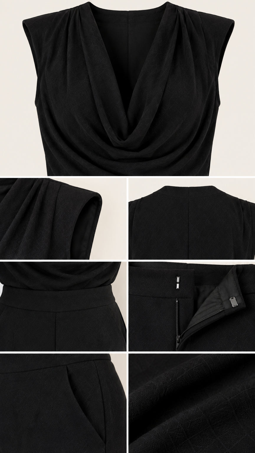 Close-up details of cowl neckline, shoulder pleats, waistband zipper, pockets, and fabric texture